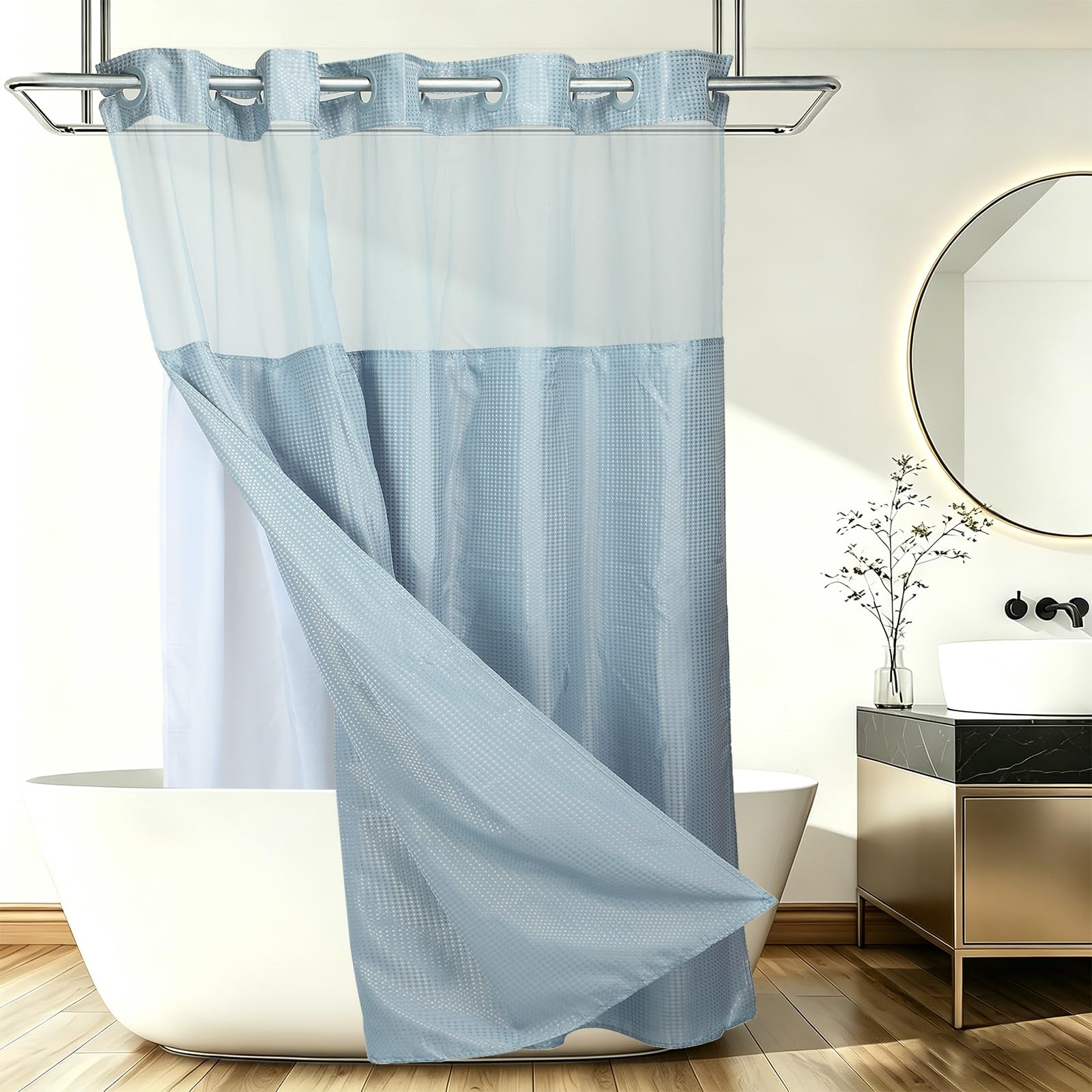 DTGN No Hook Shower Curtain, 180Wx198L cm Polyester Snap-in Removable Liner Set, Waterproof Washable Waffle Weave Textured Shower Curtains for Home