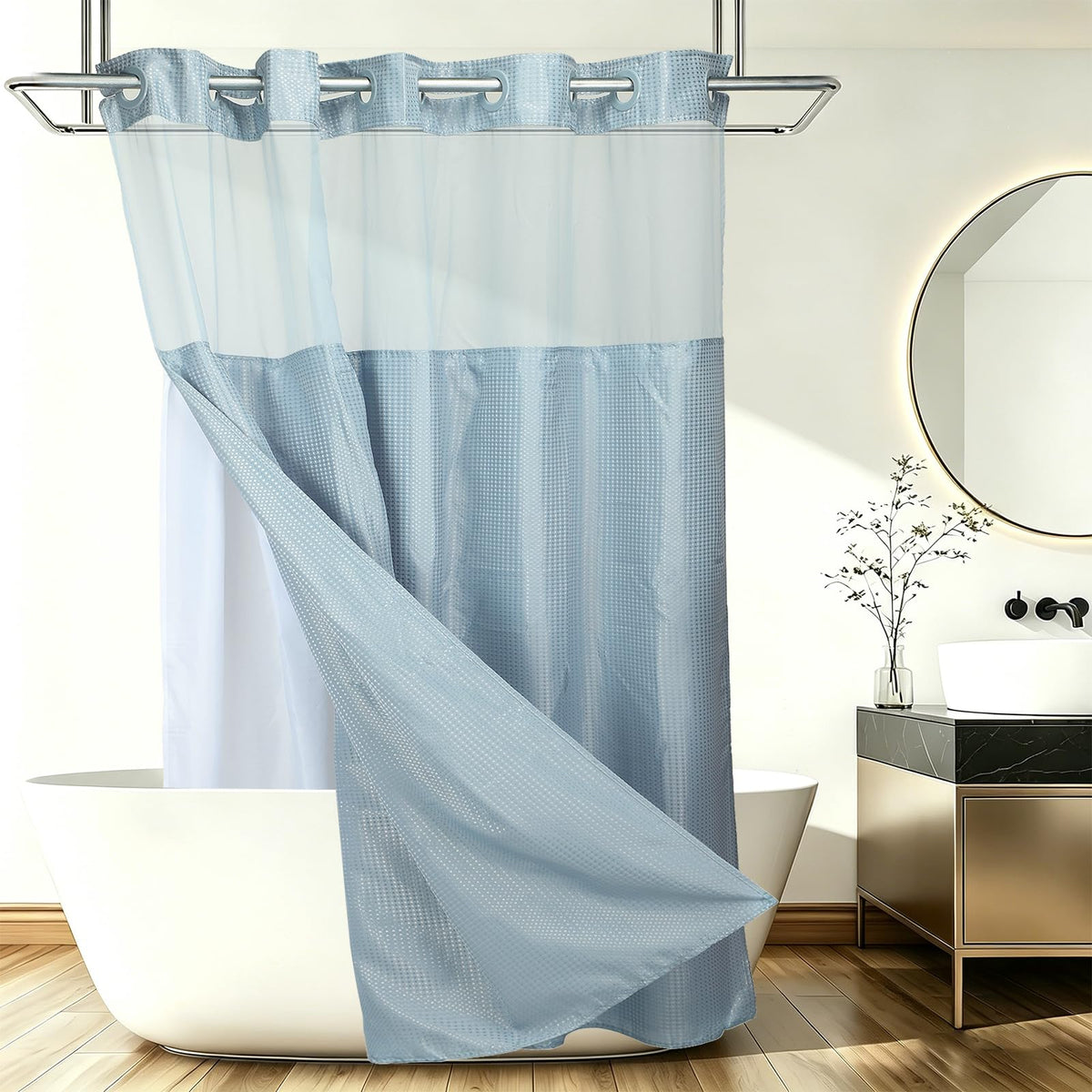 DTGN No Hook Shower Curtain, 180Wx198L cm Polyester Snap-in Removable Liner Set, Waterproof Washable Waffle Weave Textured Shower Curtains for Home