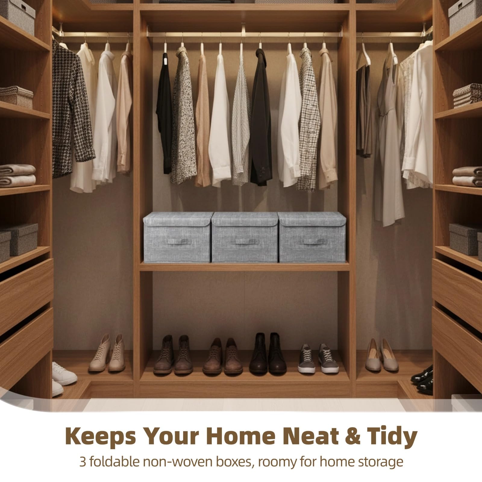 3 Pcs Non-woven Fabric Storage Boxes with Touch Fastener Lids and Handles, 15 x 9.8 x 9.8 in Gray Collapsible Wardrobe Organizers