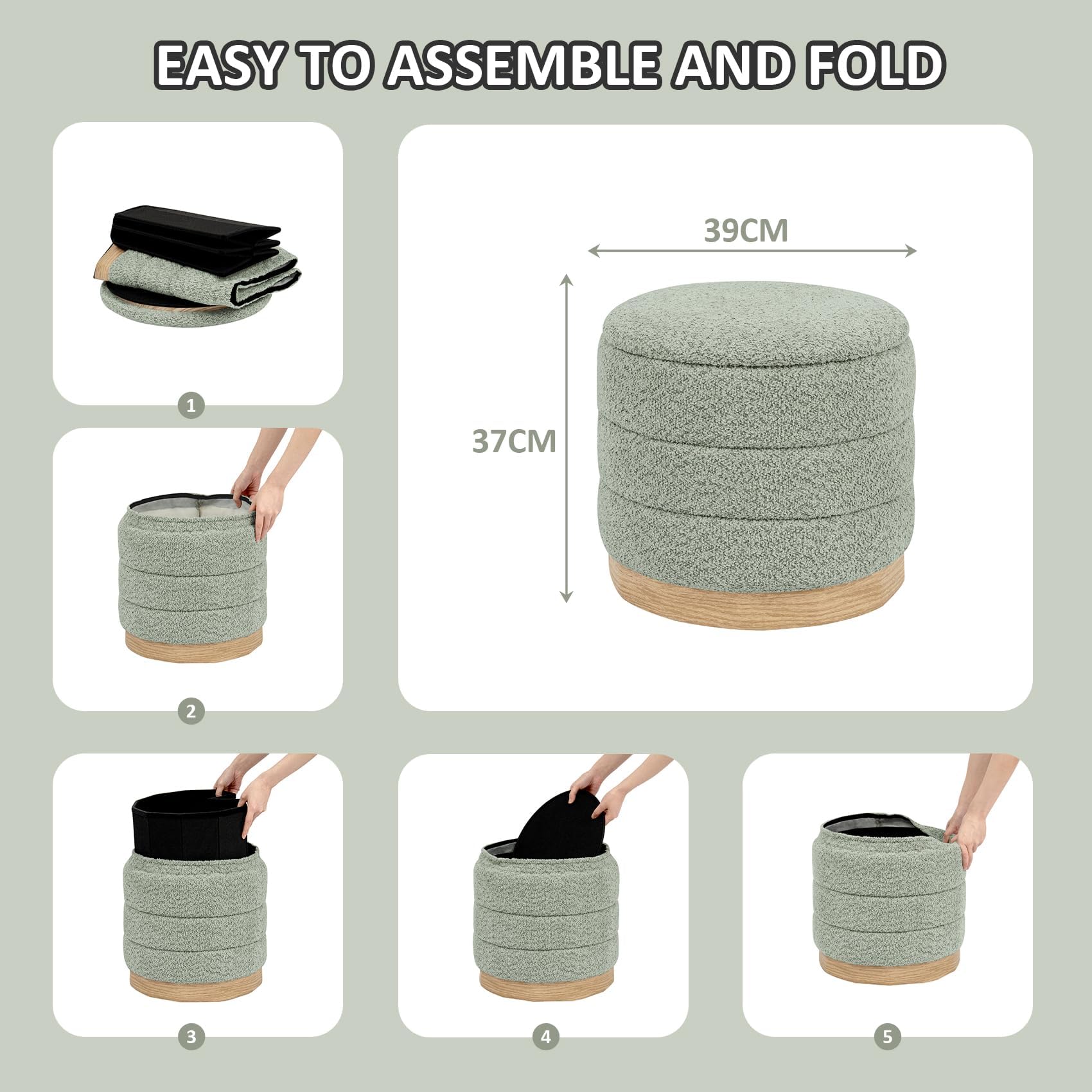 PINPLUS Round Chenille Storage Ottoman, Tray Top, 39x39x37 cm, Sage Green