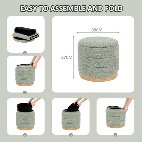 PINPLUS Round Chenille Storage Ottoman, Tray Top, 39x39x37 cm, Sage Green