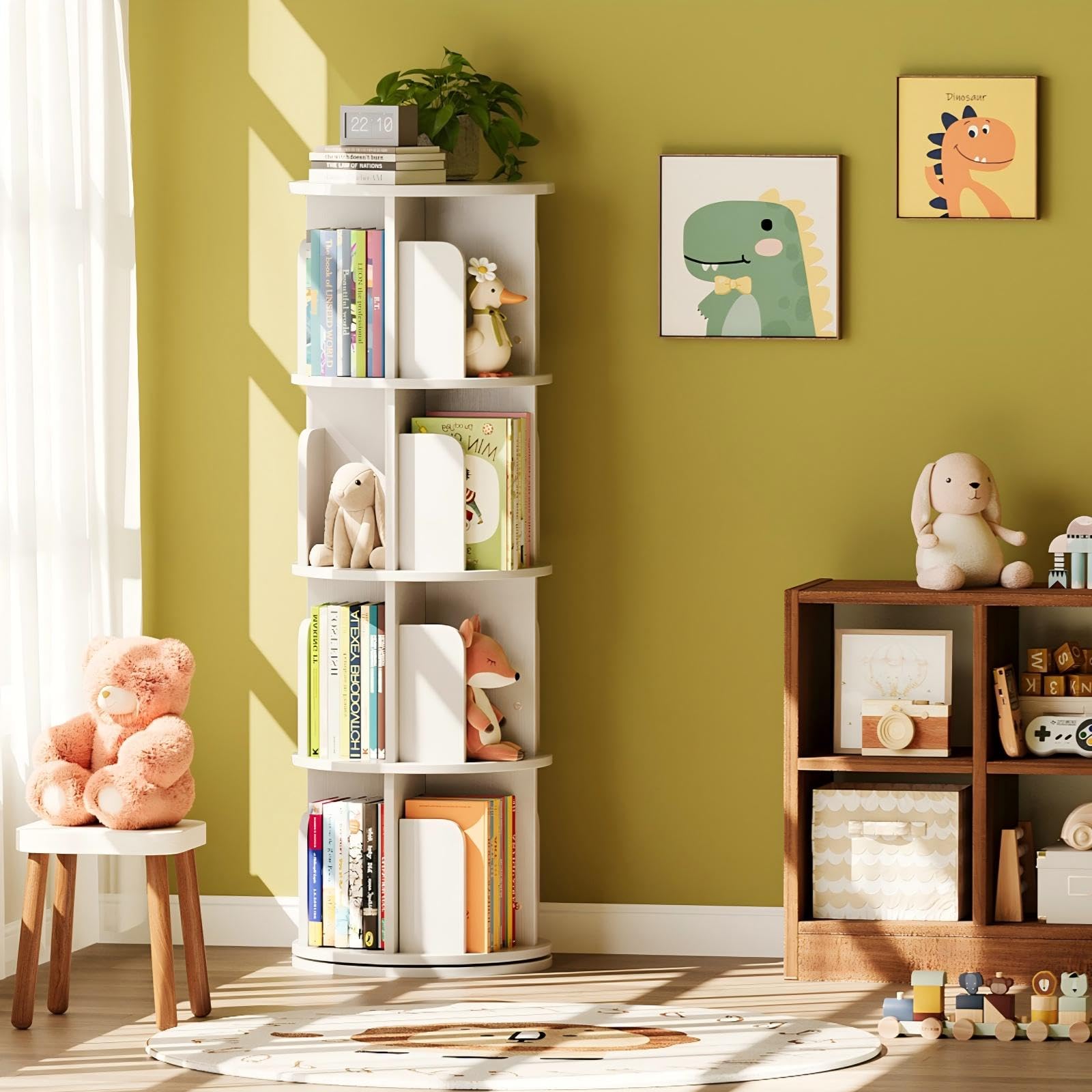 WEMANER 4-tier Rotating Kids Bookshelf, Wooden 360° Small Corner Revolving Spinning Bookcase