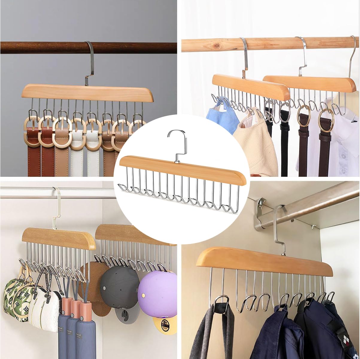 BOBOZHONG Wooden Belt Hanger for Closet, 2 Pack with 8 Hooks, Anti Slip, Polished Brown Finish