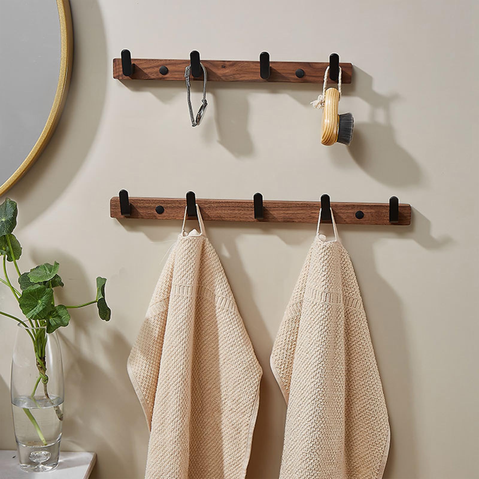Lxoraziy Wall-Mounted Coat Rack - Walnut Coat Rack Hook, Heavy Duty Wooden Wall Coat Hanger with 5 Coat Hooks for Hanging Coats, Hats, Clothing