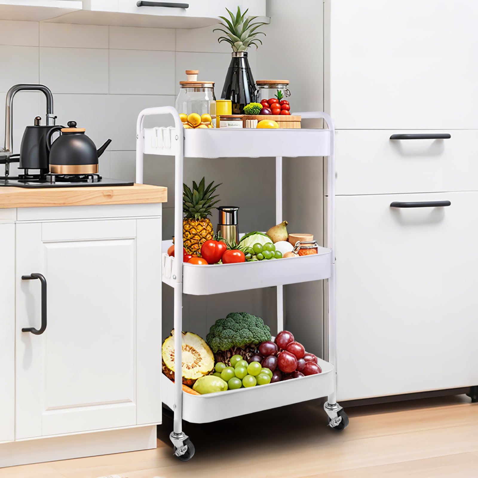 Viuxule Storage Cart, 3 Tier Metal Trolley Cart with Wheels, White Rolling Utility Cart for Kitchen, Bathroom, Office, Bedroom