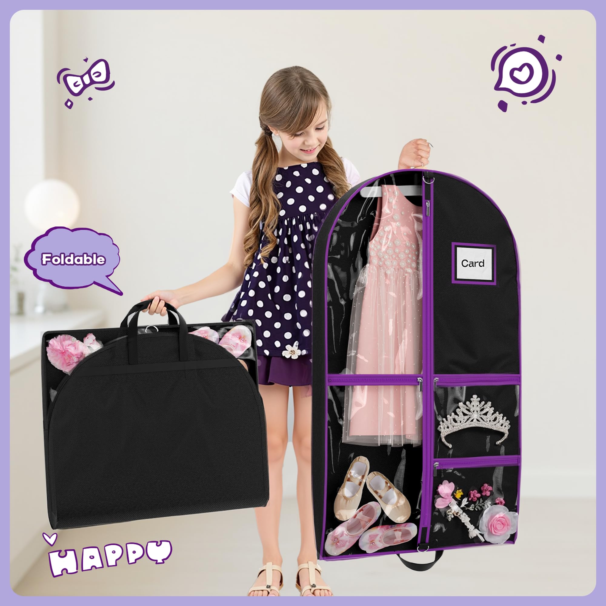 Costume Garment Bags for Dancers, Garment Bags with 3 Clear Zipper Pockets, Clothes Covers Protector Bags for Suits, Travel & Sports Jersey