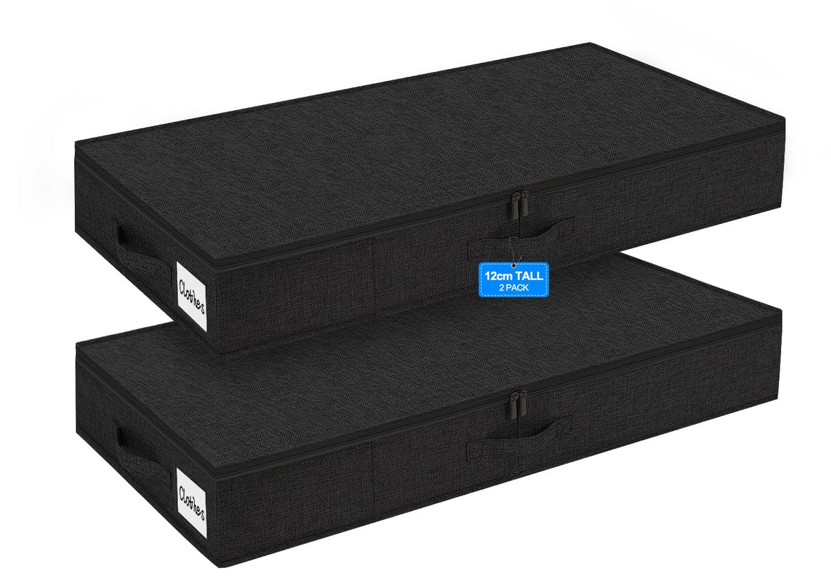 Huquter 40L 12cm Shallow Under Bed Storage Boxes with Lids, 2 Pack, Black