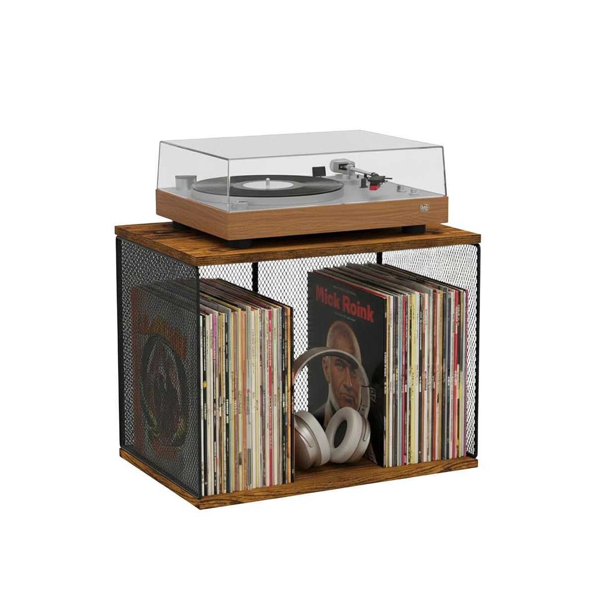 Kryntex Vinyl Record Storage Cube, Stackable Wooden LP Album Holder Fits 80–110 Records, Metal Frame Record Organiser Box for Home