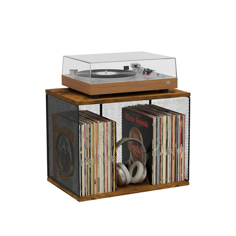 Kryntex Vinyl Record Storage Cube, Stackable Wooden LP Album Holder Fits 80–110 Records, Metal Frame Record Organiser Box for Home
