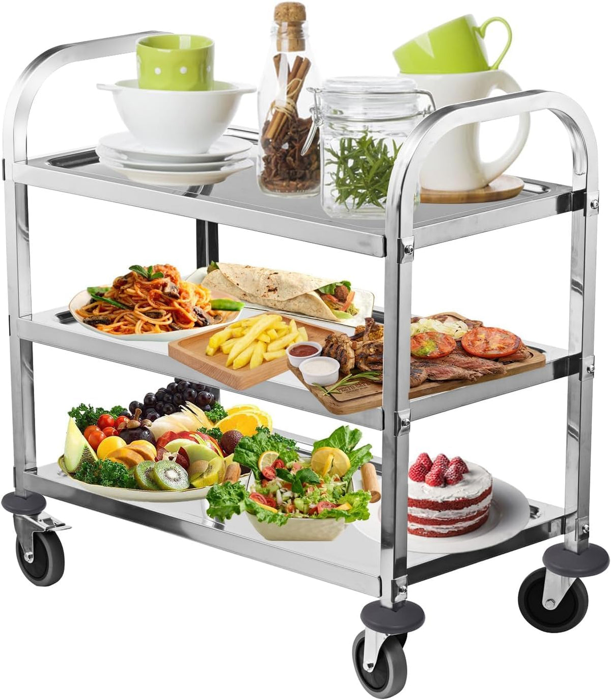 ALPIKA 3 Tier Stainless Steel Large Serving Catering Cart Utility Rolling Cart Kitchen Island Trolley Storage Cart with Locking Wheels