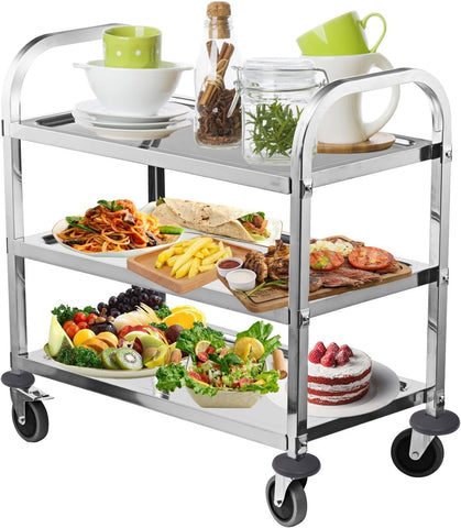 ALPIKA 3 Tier Stainless Steel Large Serving Catering Cart Utility Rolling Cart Kitchen Island Trolley Storage Cart with Locking Wheels