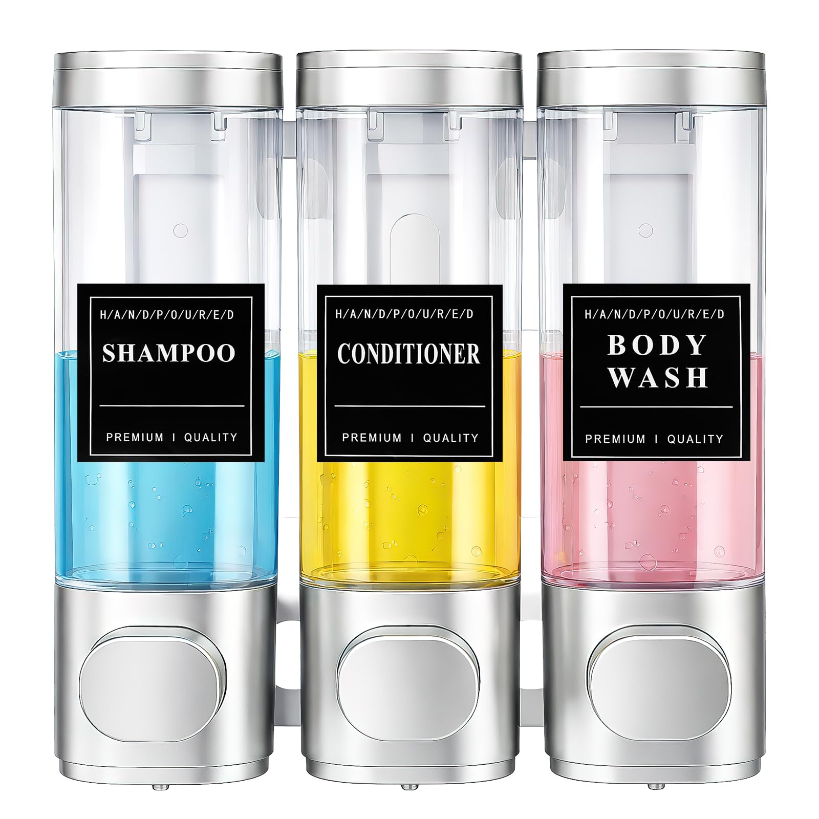 3 Chamber Shampoo and Conditioner Dispenser, Wall Mounted, 300 ml, Silver