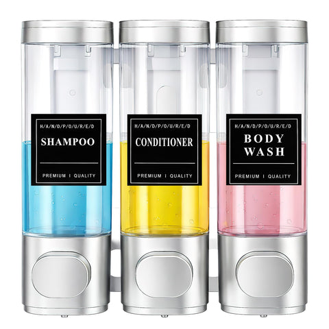 3 Chamber Shampoo and Conditioner Dispenser, Wall Mounted, 300 ml, Silver