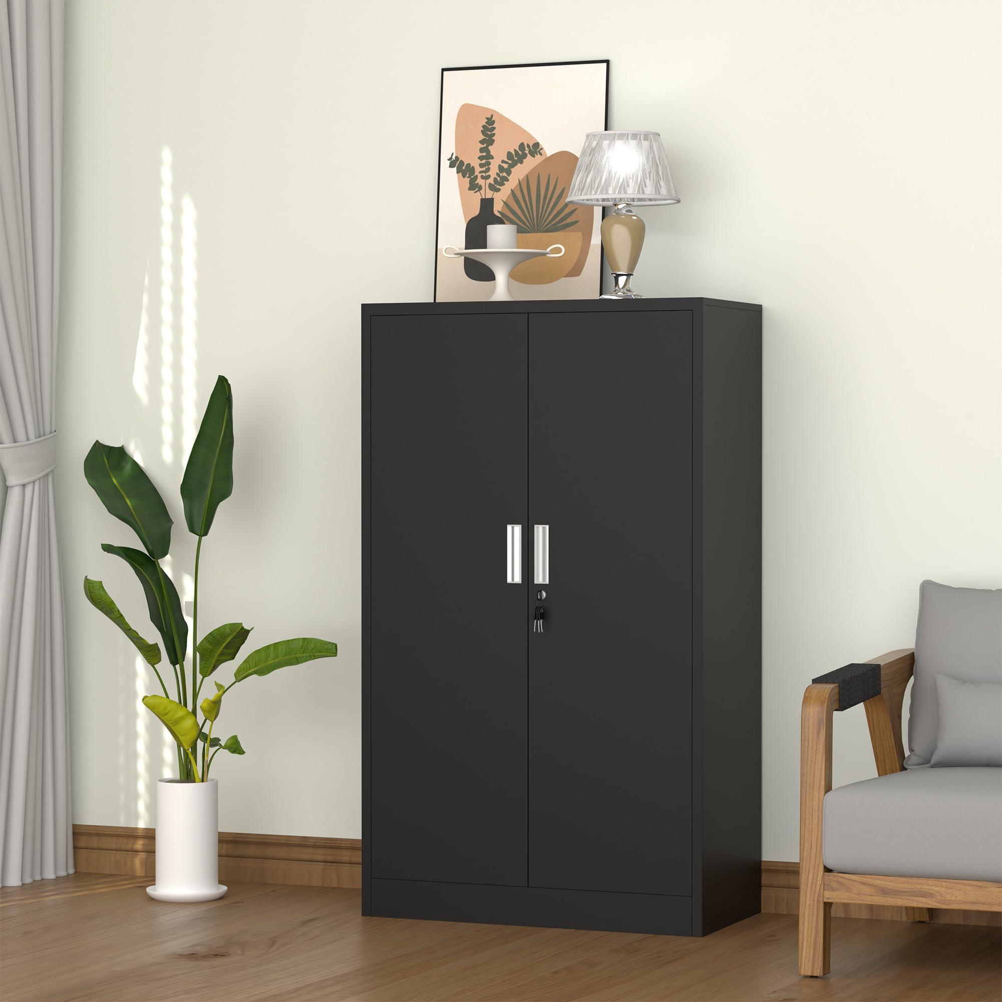 iJINGUR Metal Storage Cupboard with Locking Doors and 3 Adjustable Shelves, Lockable Steel Storage Cabinet for Home Office Garage Kitchen Pantry