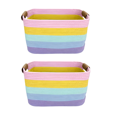Uwenkjie 2-Pack Large Storage Baskets, Cotton Rope Woven Basket with Detachable Leather Handles, Foldable Home Organiser Bin for Toys, Clothes