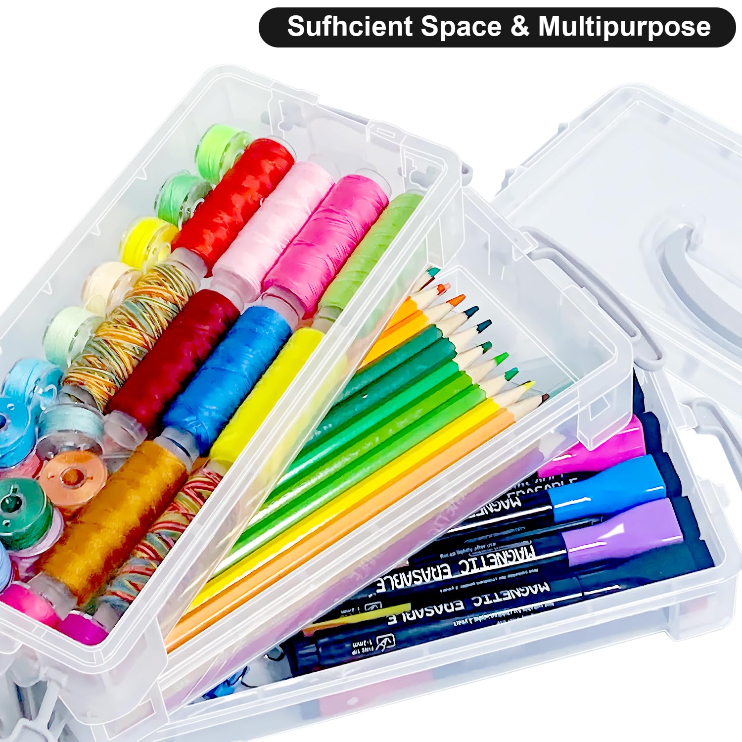 DARUITE Pencil Case with Lid, 6 Tier Plastic Pencil Box with Handle