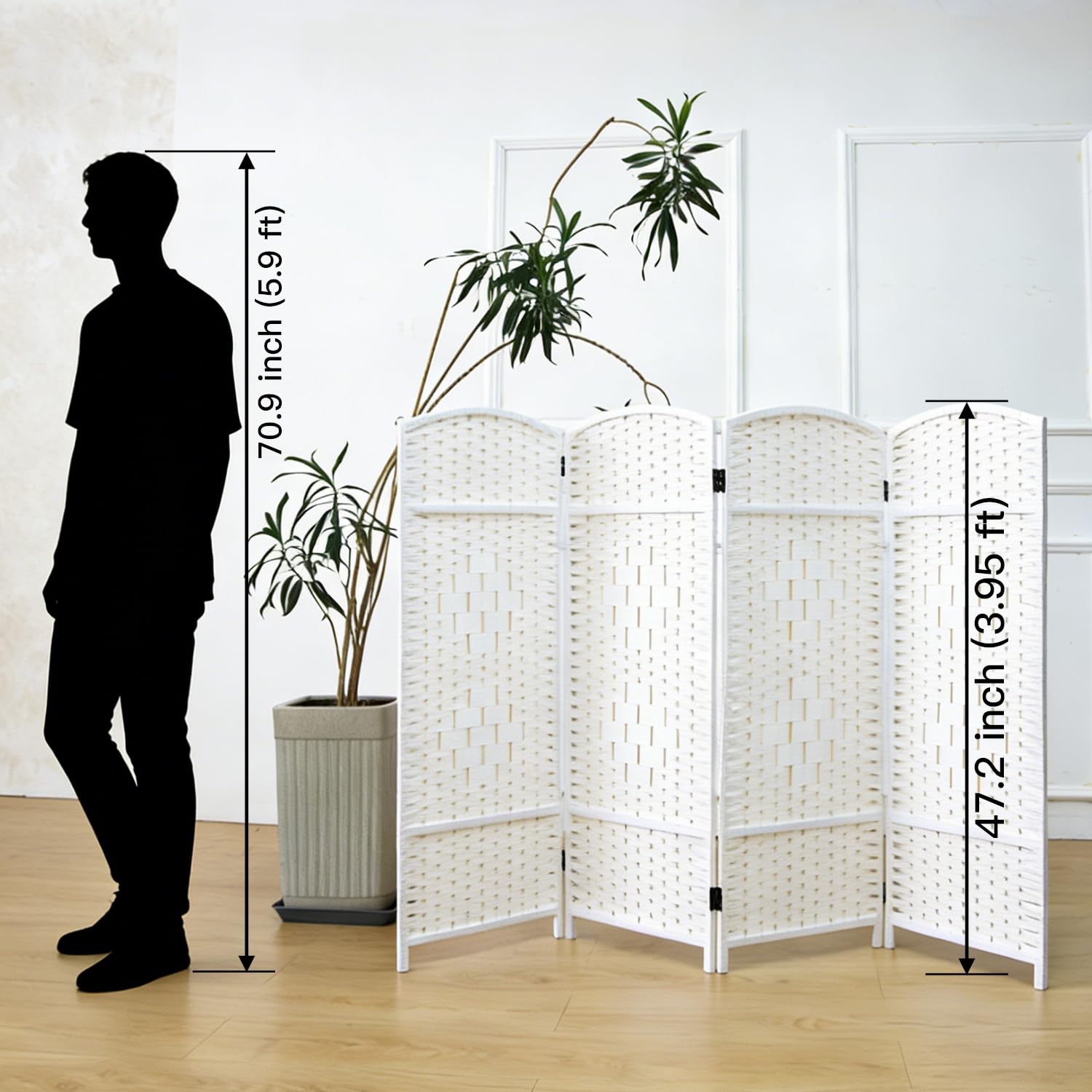 Furnnylane 4 Panel White Rattan Divider Short Room Partition Screen,Double Sided Short Folding Divider for Room Separation,120 cm Tall