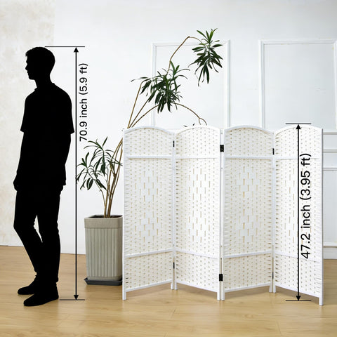 Furnnylane 4 Panel White Rattan Divider Short Room Partition Screen,Double Sided Short Folding Divider for Room Separation,120 cm Tall
