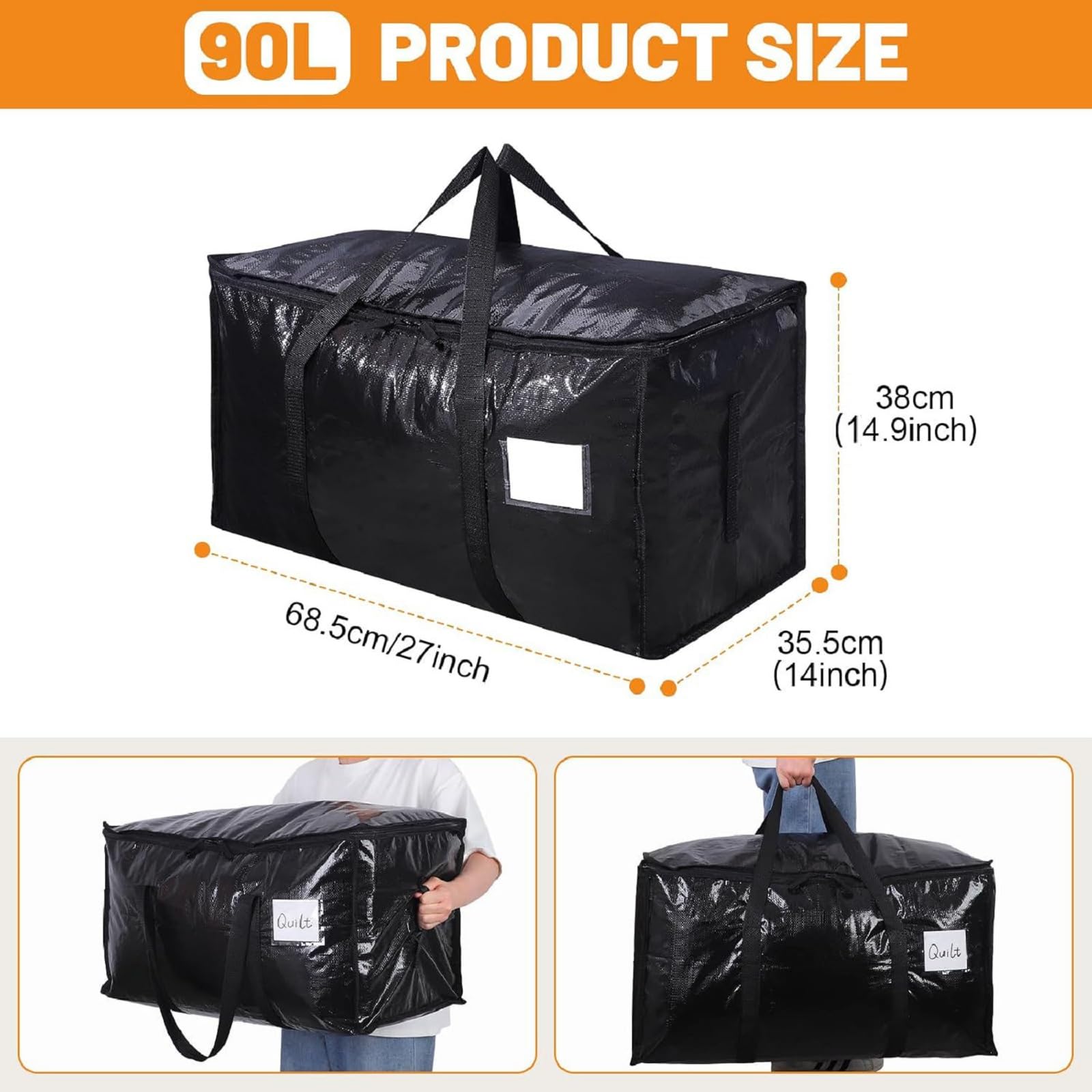 3 Pack 90L Moving Bags, Heavy Duty Storage Bags Dorm Moving Essential,Black