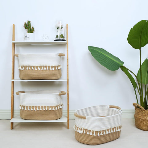 danpinera Storage Baskets 38x25x22cm – Woven Storage Basket with Tassels, Toy Basket with Handle, Rope Organizer for Living Room, Bathroom Baskets