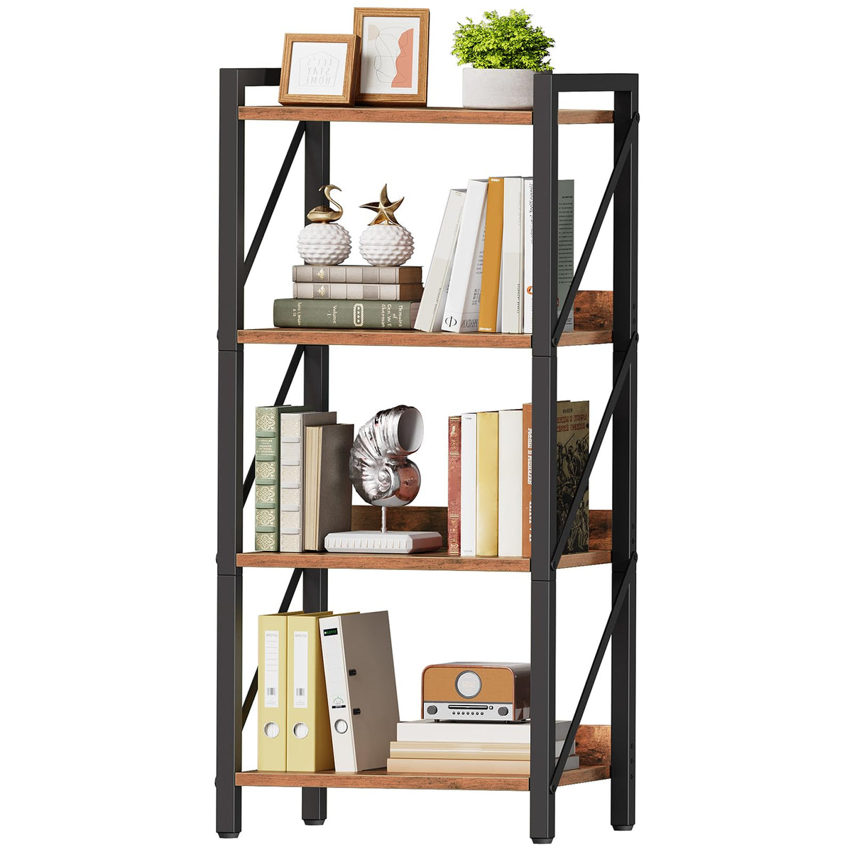 HOOBRO 4-Tier Bookshelf, Industrial Corner Bookcase, Display Rack, Metal Frame, for Living Room, Bedroom, Office, Kitchen, Entryway