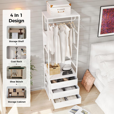 VOWNER Hall Tree Entryway Coat Rack 3-Drawer Bench White Hanging Rod
