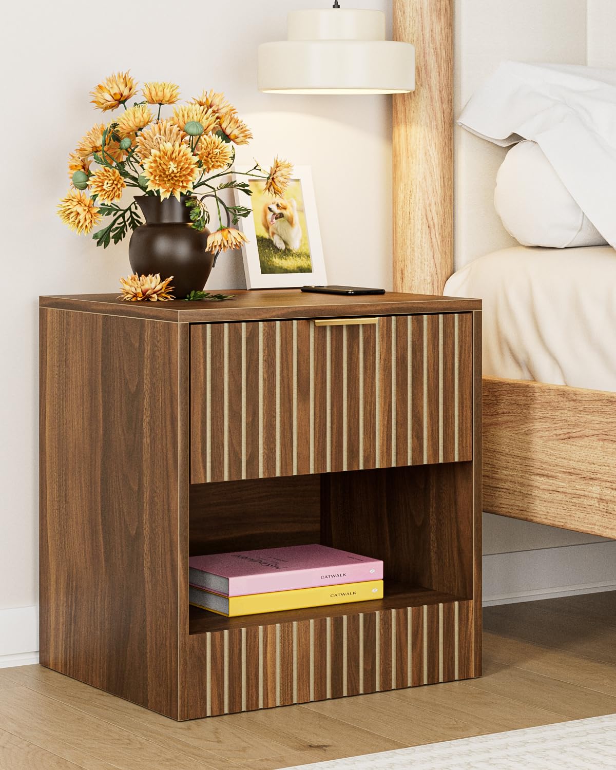 Apetaccat Bedside Table,45x38x49cm, Farmhouse Wooden Bedside Cabinet with Drawer,Kids Bedside Table Nightstand for Bedroom,Living Room,Office,Walnut