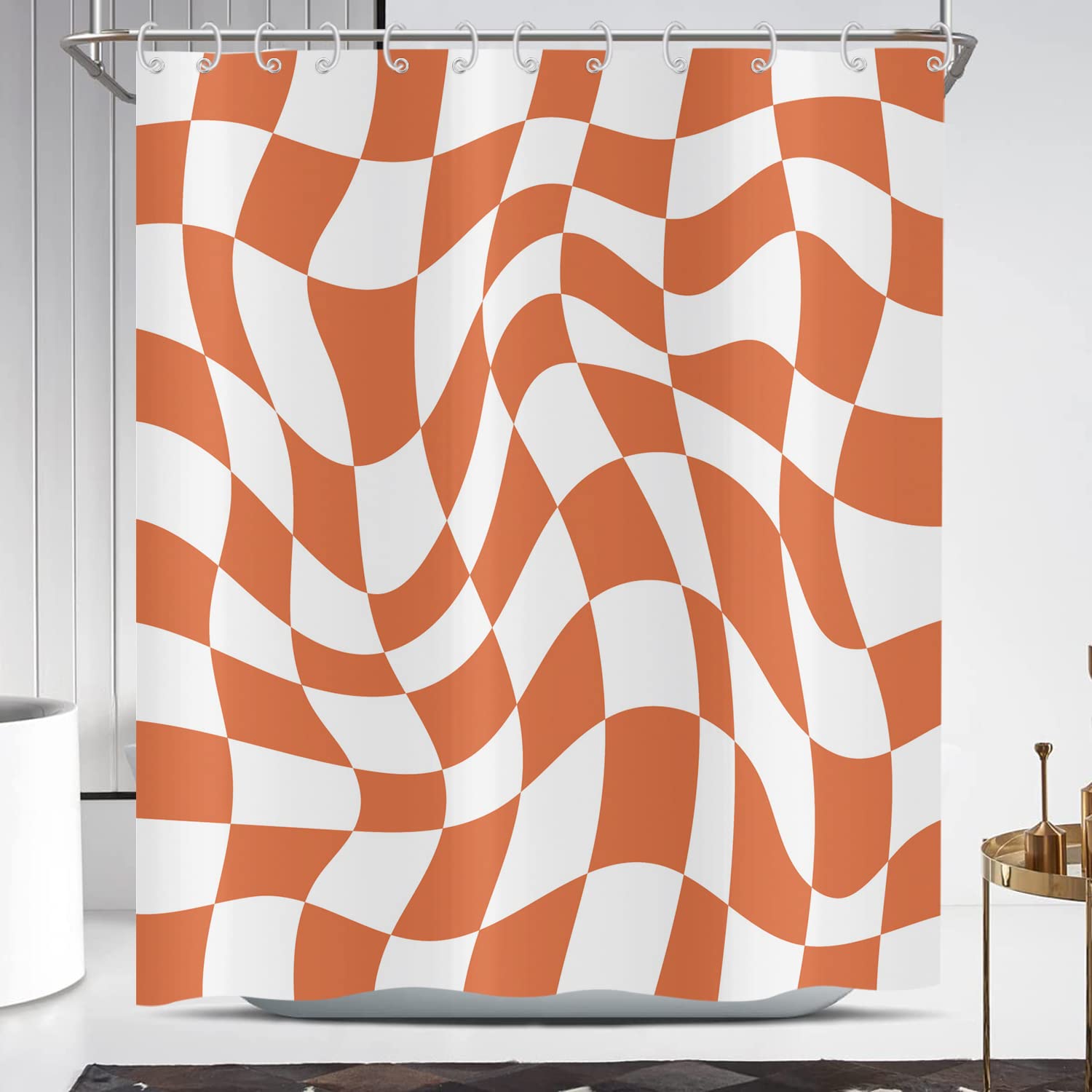 Hnmdmyi Orange Groovy Checkerboard Shower Curtain 180x180, 70s Retro Modern Abstract Psychedelic Groovy Wavy Aesthetic Hippie Funky Waterproof