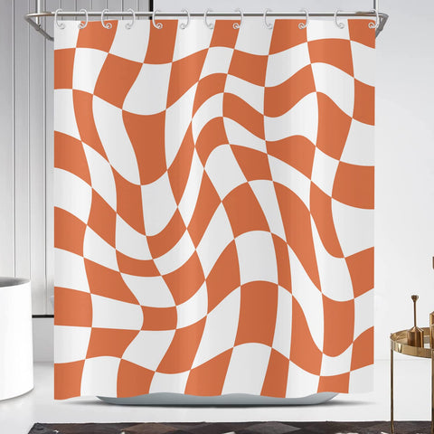 Hnmdmyi Orange Groovy Checkerboard Shower Curtain 180x180, 70s Retro Modern Abstract Psychedelic Groovy Wavy Aesthetic Hippie Funky Waterproof