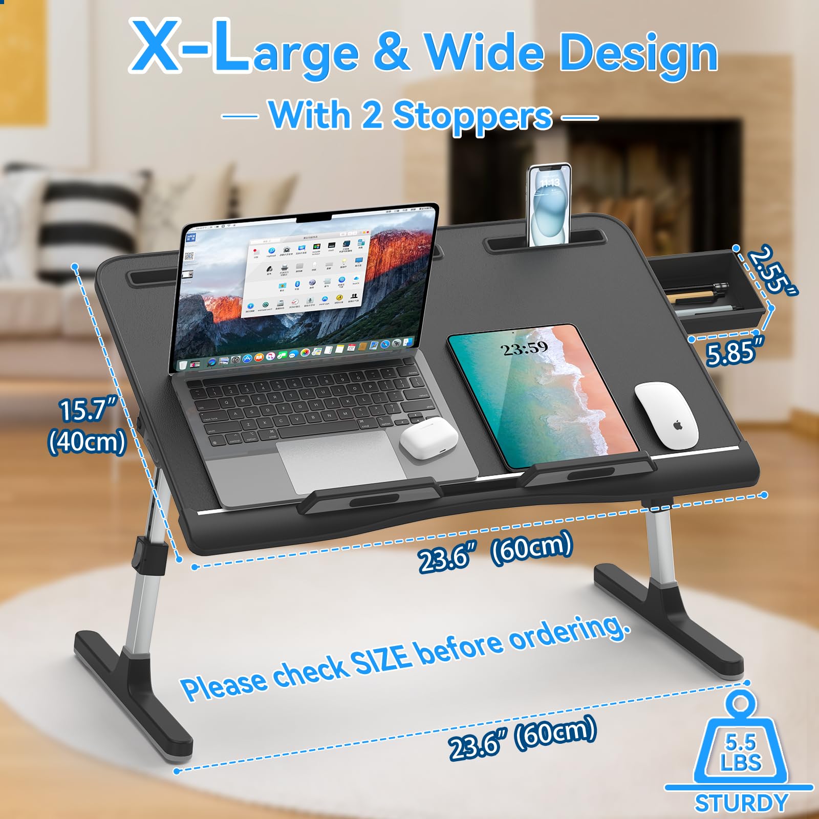 Laptop Bed Table, Potuopy Leather Adjustable Height Angle Bed Desk, X-Large Foldable Laptop Stand for Bed with Eco Wooden board for Working Reading