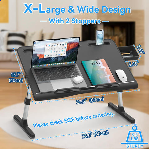 Laptop Bed Table, Potuopy Leather Adjustable Height Angle Bed Desk, X-Large Foldable Laptop Stand for Bed with Eco Wooden board for Working Reading