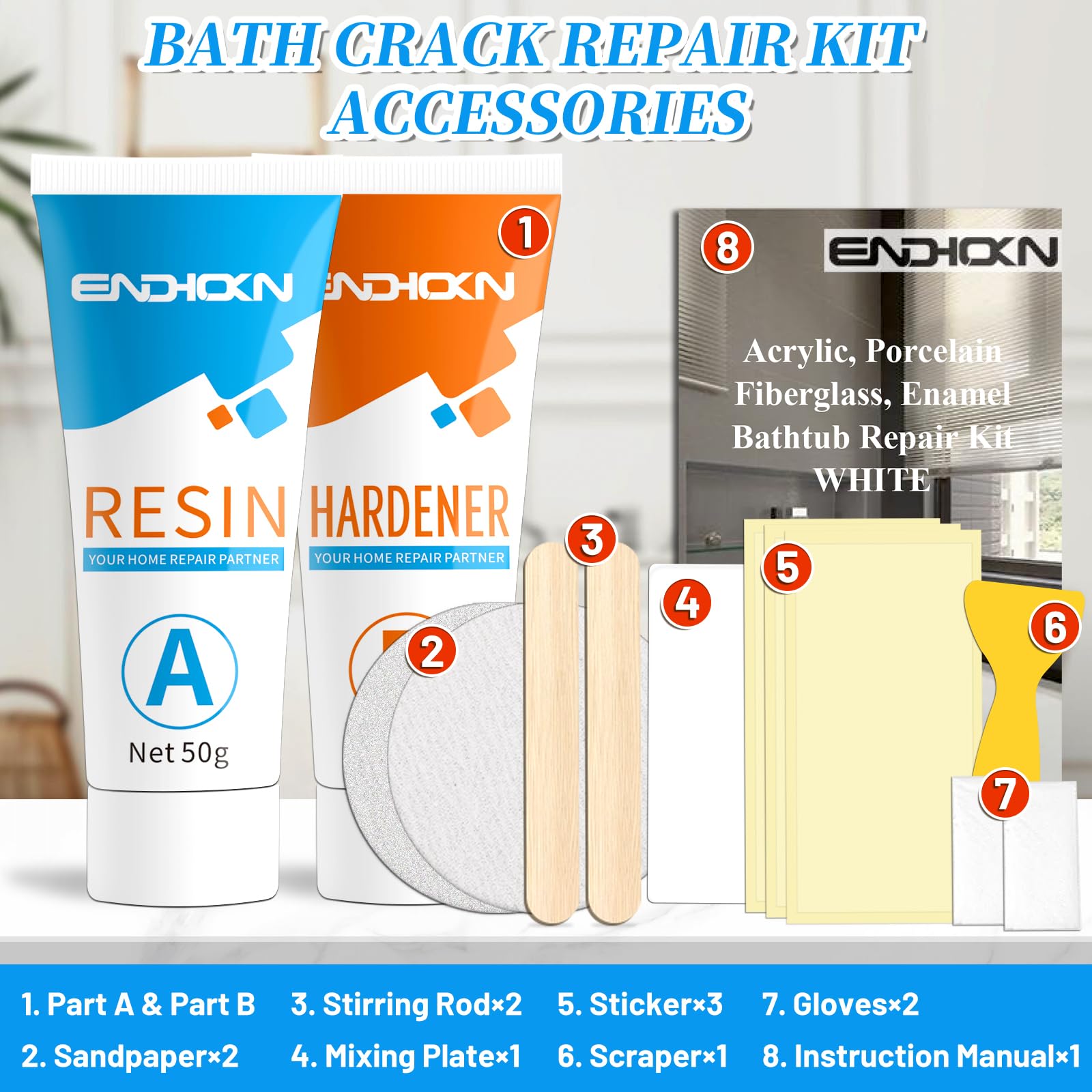 Bath Repair Kit White, Endhokn Enamel, Porcelain, Acrylic, Fiberglass, Ceramic Sink Repair Kit