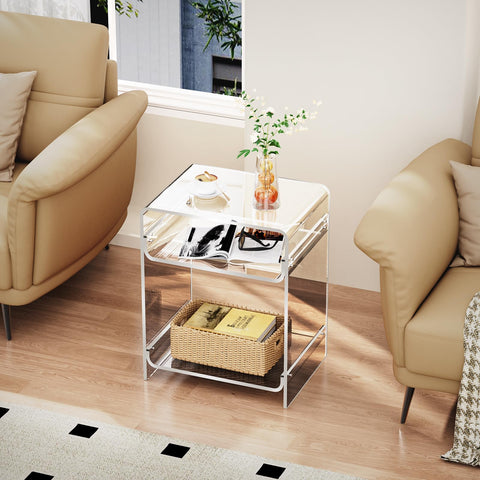 Acrylic End Table with Storage Shelf, Clear Side Table, Record Player Table, Nightstand, 15.7x19.7x11.8 (Clear, 40×30×50 cm)