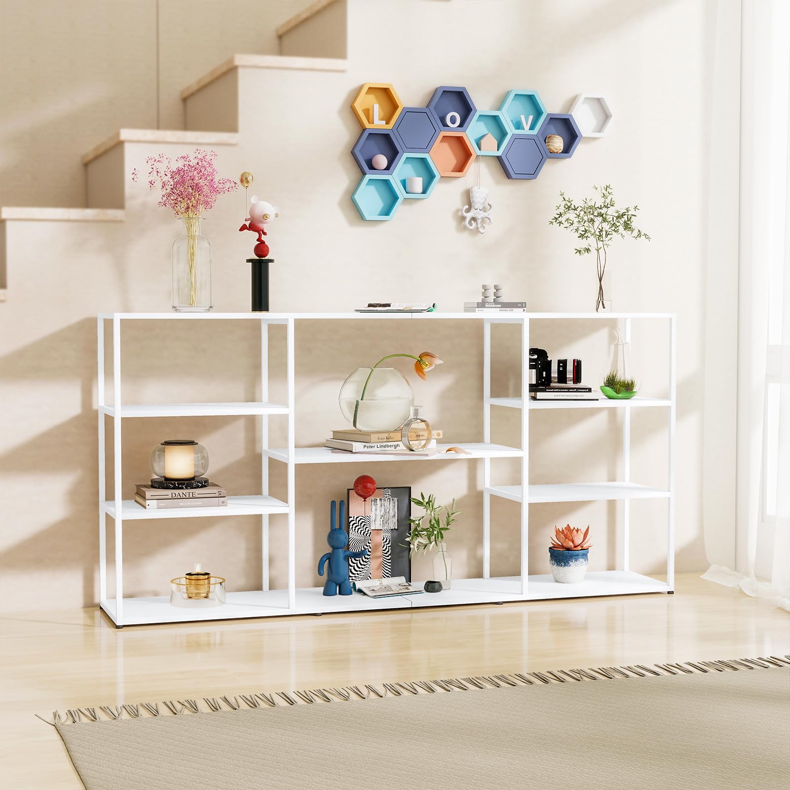 HDANI 160cm Extra Long Sofa Console Table,Narrow Modern Entryway Table Behind Couch with Storage Shelves,4 tier Shelf Bookshelf for Living