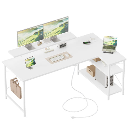 Mericonia Reversible Corner Desk, w. Led & Power Outlets, 140x70cm, White