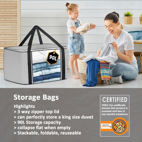 KURNI Storage Bags | Clothes Organizer Boxes, Foldable 6 Pack Grey, 90L Capacity, 3 Sided Zipper Moving Large Bag. Dust & Moisture Proof