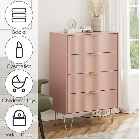HEYZOEY Pink Chest of 4 Drawers for Bedroom, 60x34x91cm, Wood Storage Dresser Bedroom Furniture Cabinet for Living Room,Office,Lounge,Pink