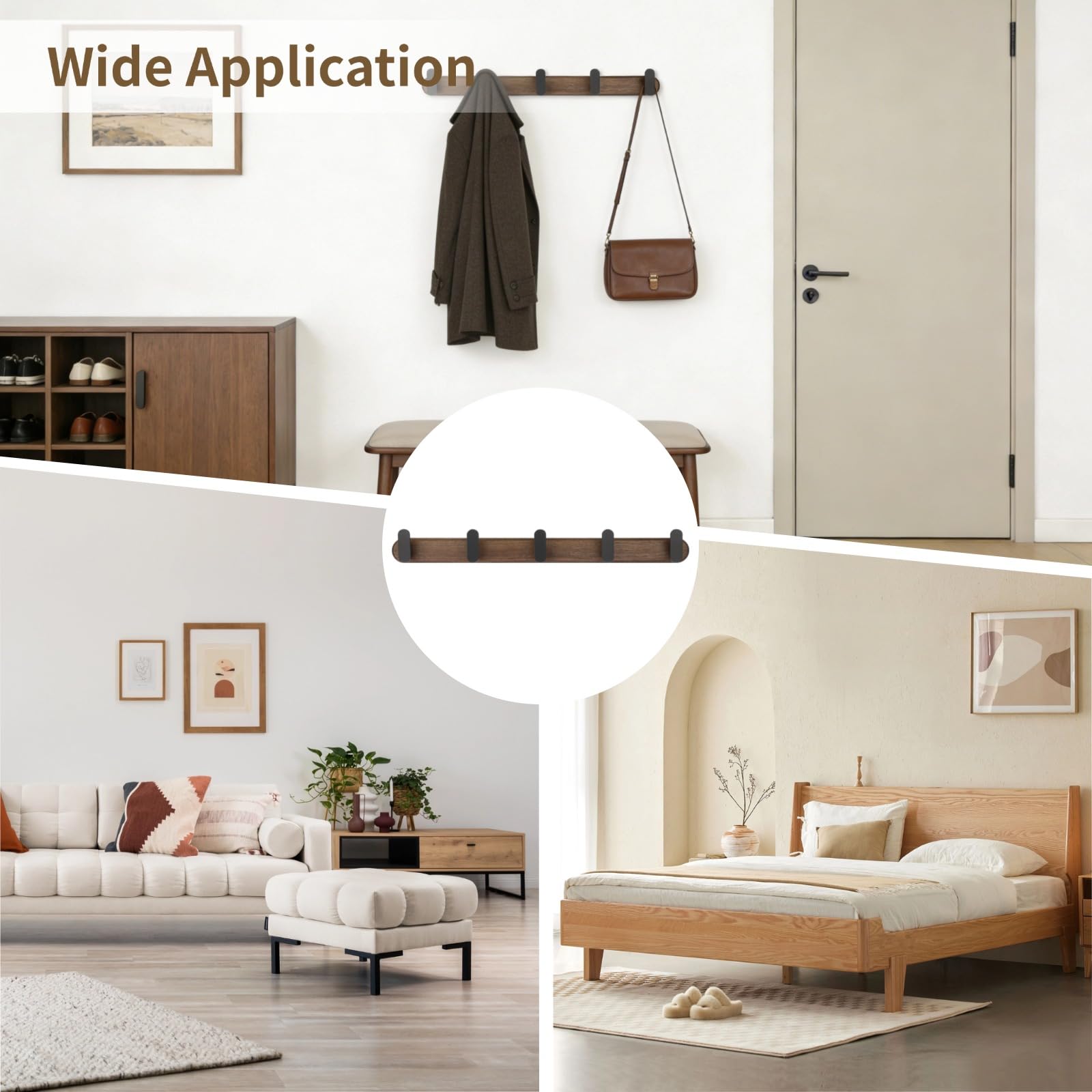 Varku Coat Hooks Wall Mounted, Walnut Wood Coat Hooks, Coat Rack Wall Mounted with 5 Hooks, No-Drill Installation