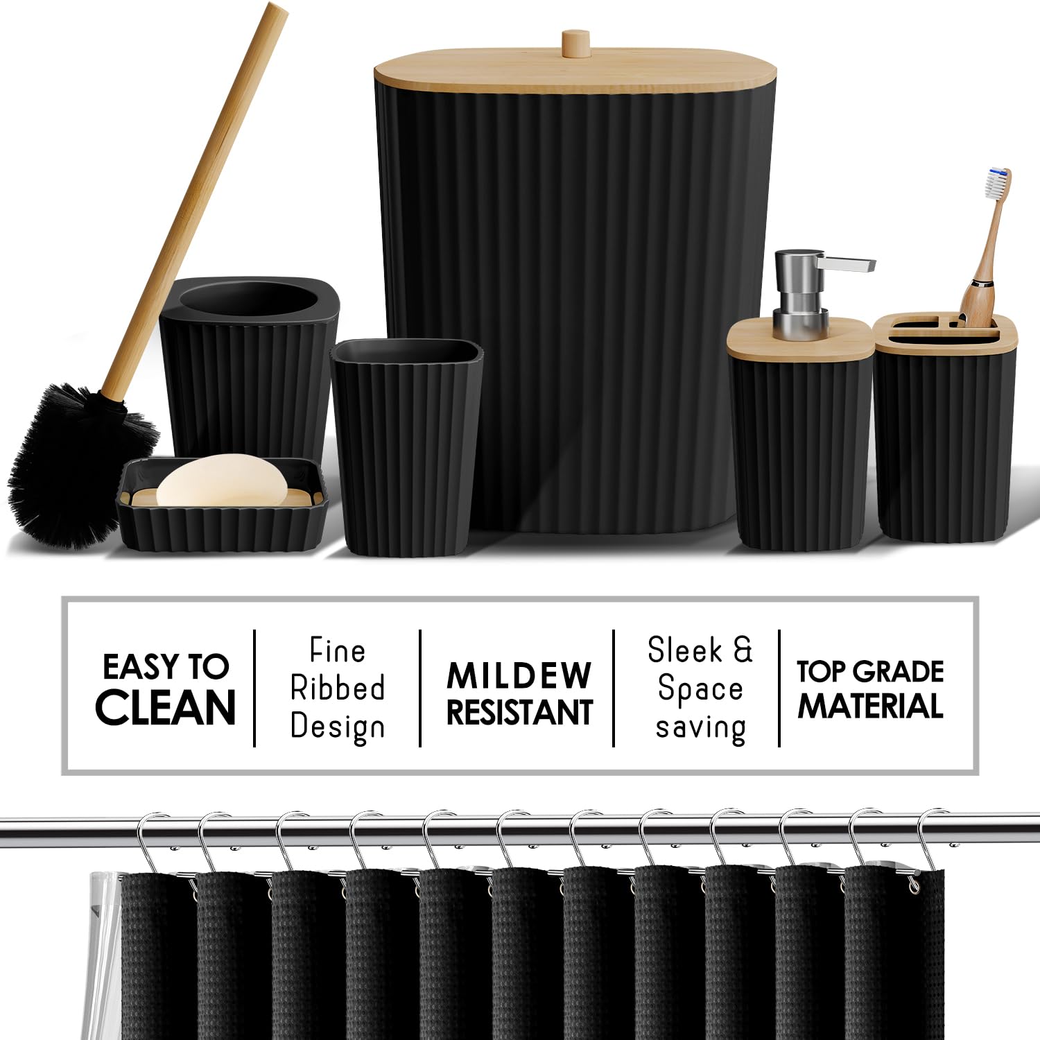Clara Clark Bathroom Accessories Set - Bathroom Accessory Set with Shower Curtain Set, Toilet Brush, Trash Can & Soap Dispenser (Black, Complete Set)