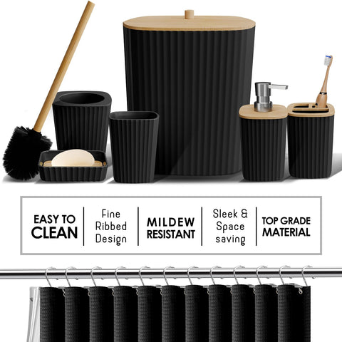 Clara Clark Bathroom Accessories Set - Bathroom Accessory Set with Shower Curtain Set, Toilet Brush, Trash Can & Soap Dispenser (Black, Complete Set)