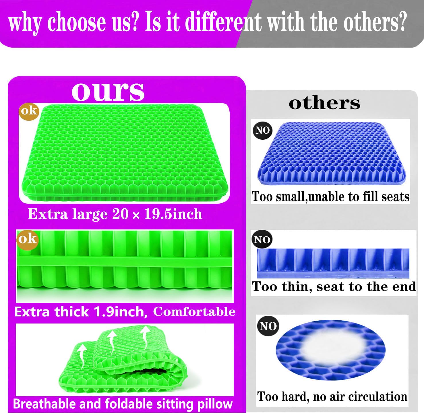 Plus Size Gel Seat Cushion, 50×50×4cm, Large and Thick Supportive Seat Cushion for Pressure Relief for Buttock, Sciatica, Tailbone Pain