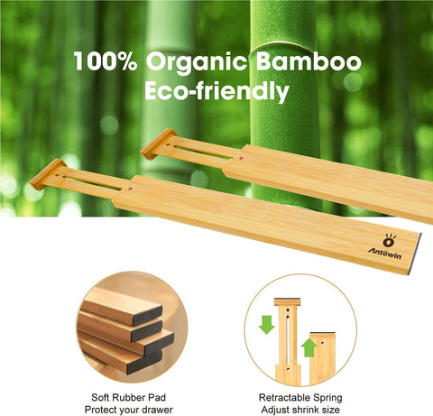 ANTOWIN 10Pcs Bamboo Drawer Dividers, Expandable Drawer Separators Splitter, 43-56 CM Long Adjustable Spring Loaded Organizer for Large Utensil