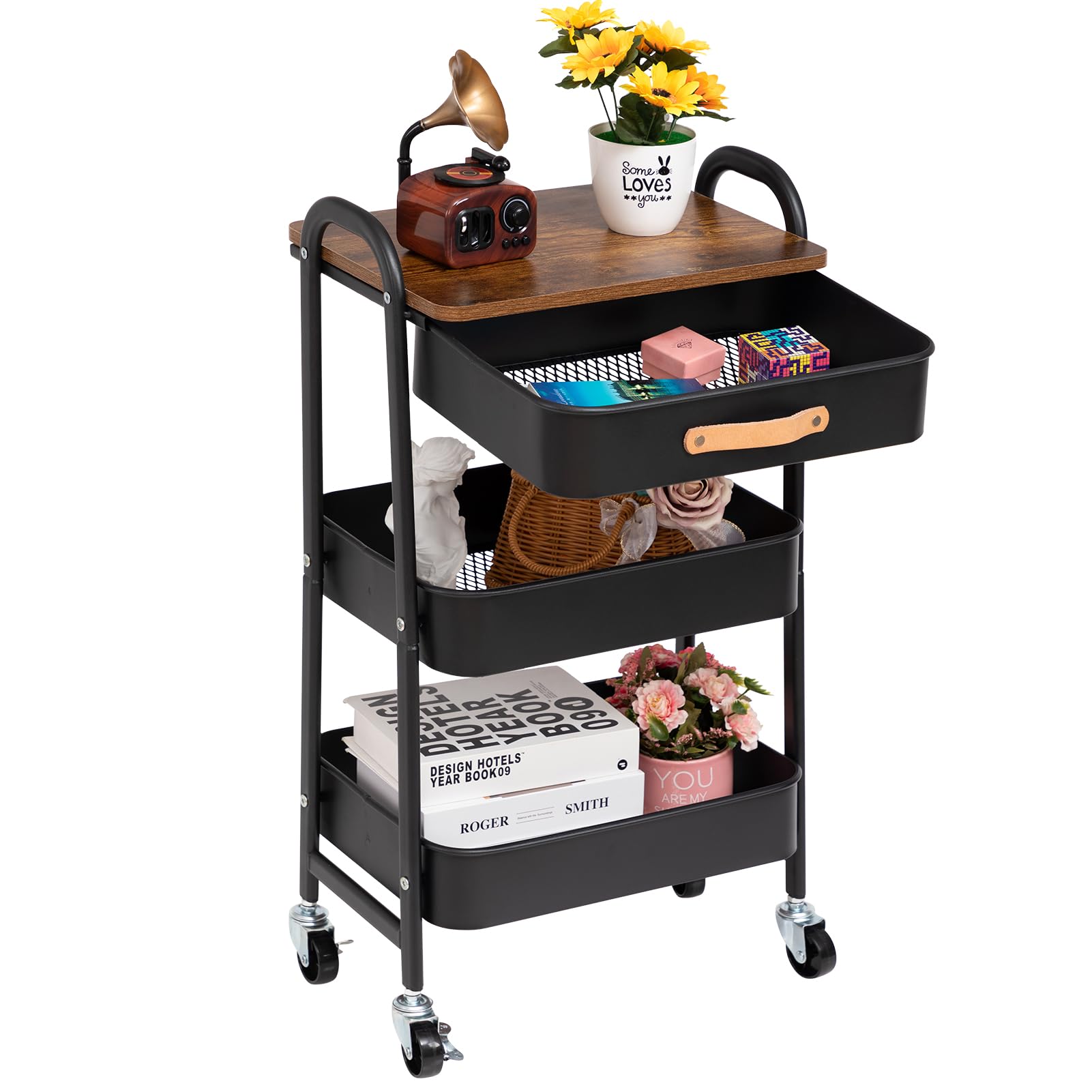 DOEWORKS Storage Trolley on Wheels Metal 3-Tier Rolling Trolley with Drawer