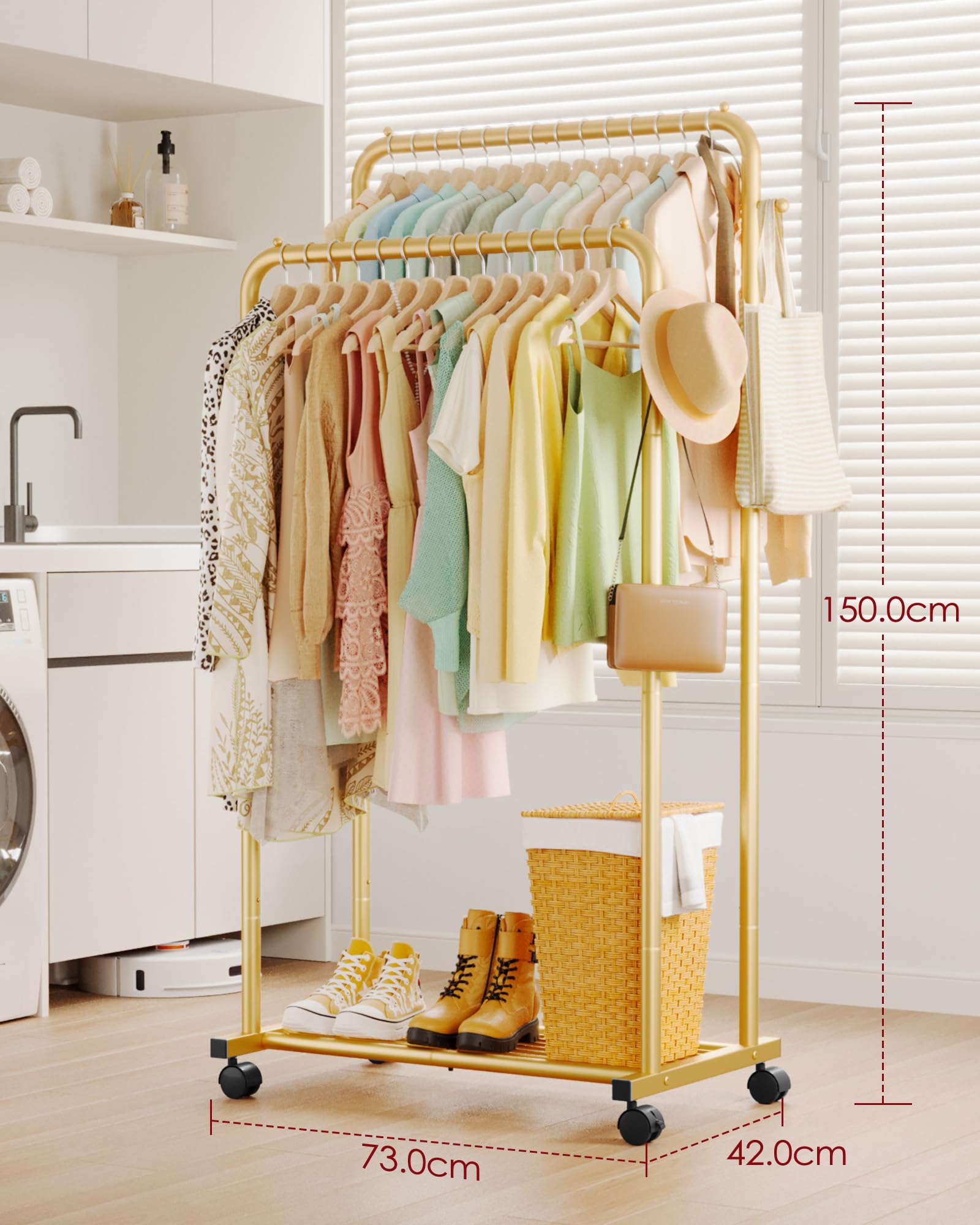 Sakugi Double Rod Clothing Rack Shoe Shelf & Hooks, 73x42x150cm, Gold