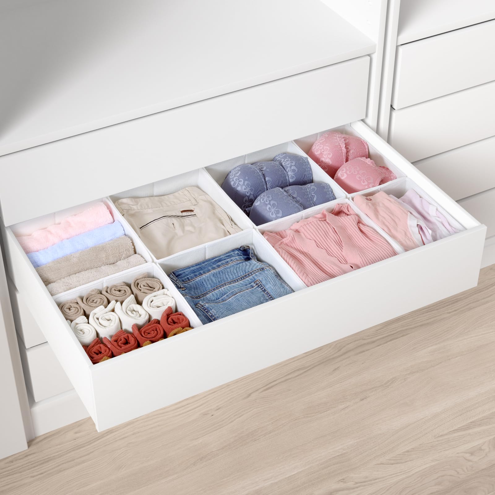 ORLISA Drawer Organiser Clothes for Wardrobe 100 x 58 cm - Perfect Fit with Sturdy Base, Foldable, Washable & Robust, Set of 8, White