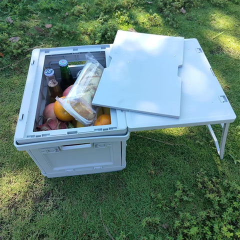 beolur 2-in-1 Foldable Storage Box & Table – Collapsible Organizer with Pull-Out Tabletop, Space-Saving for Car Boot, Campervan, RV & Home, ABS+PP