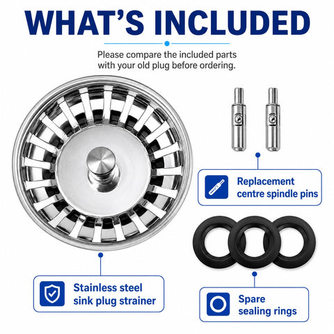 Kitchen Sink Plug Strainer, Stainless Steel Sink Plug Replacement for 80mm Old Plug Size, Food Hair Catcher Drain Stopper, Pop Up Sink Drainer Plug