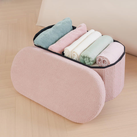 Bonlife Folding Ottoman Storage Bench,Boucle Footstool Oval, End of Bed Stool, Ideal for Living Room, Bedroom,76x38x38cm,Pink