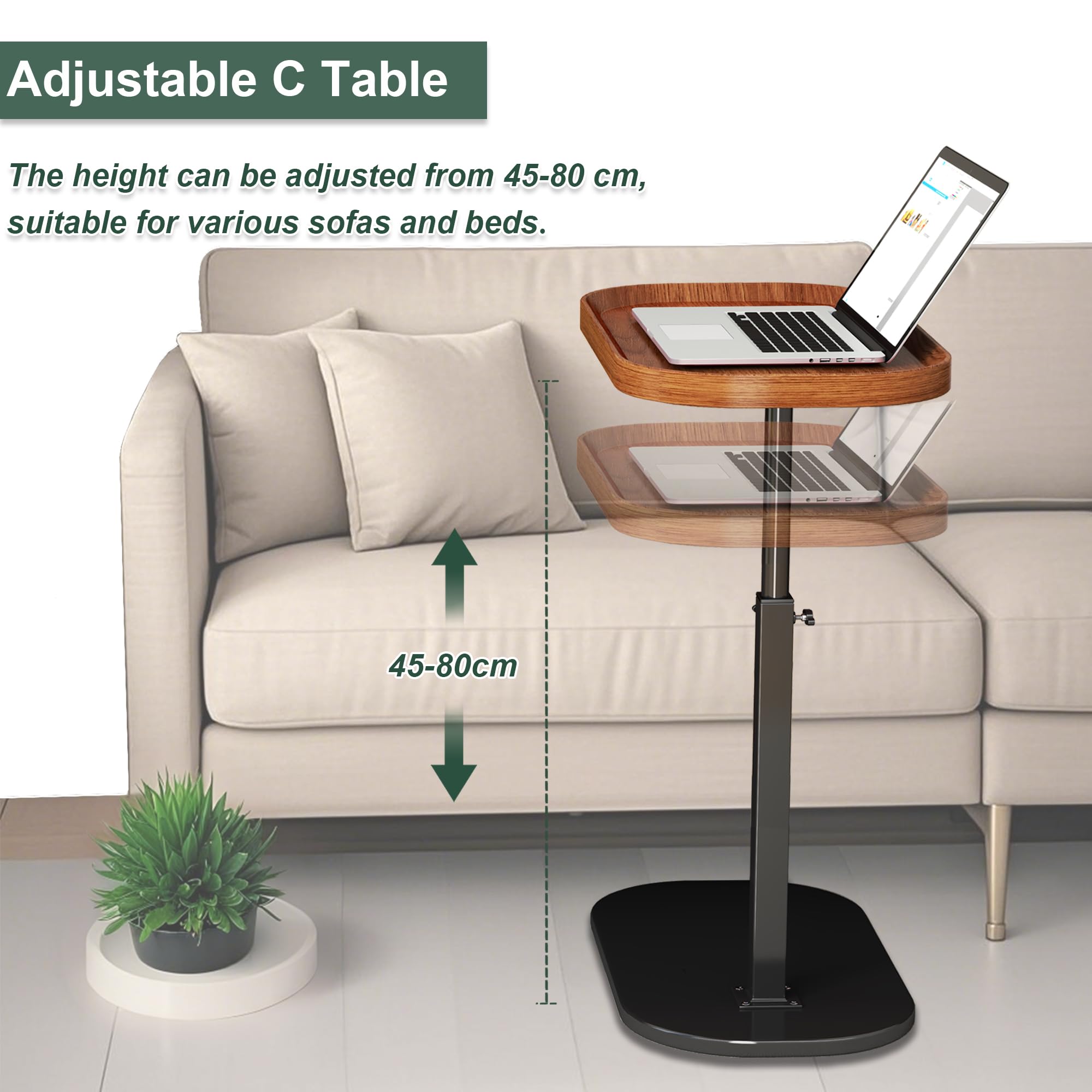 Adjustable Height C Shaped Side Table, Lift up Laptop Tv Tray for Sofa and Bedside, 360°Swivel Small Coffee C Table, Modern Under Sofa Table
