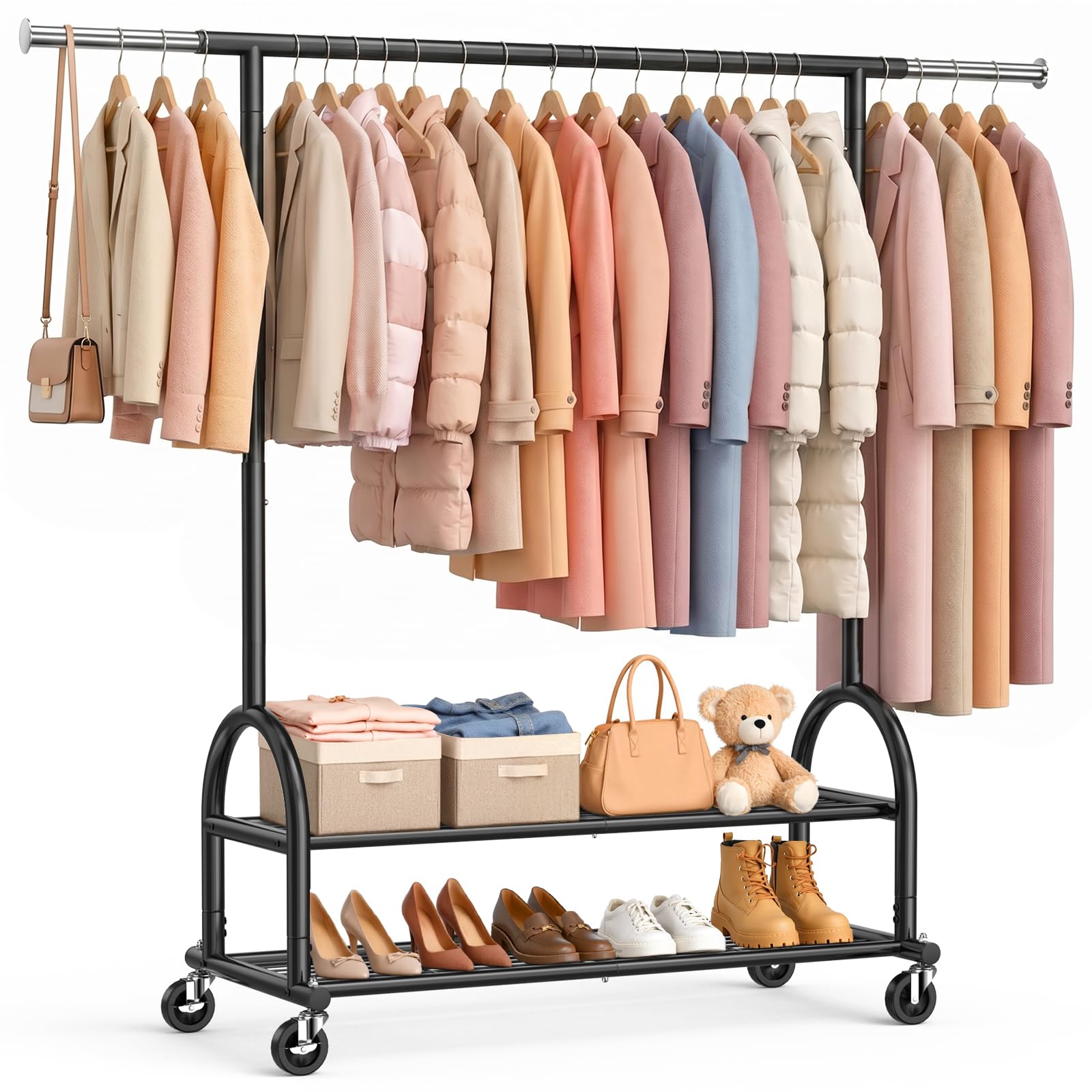EAGMAK Heavy Duty Clothes Rail Load 252 KG, Rolling clothing Rail with Sturdy Wheels and 2 Shelves, Height Adjustable Metal Coat Racks